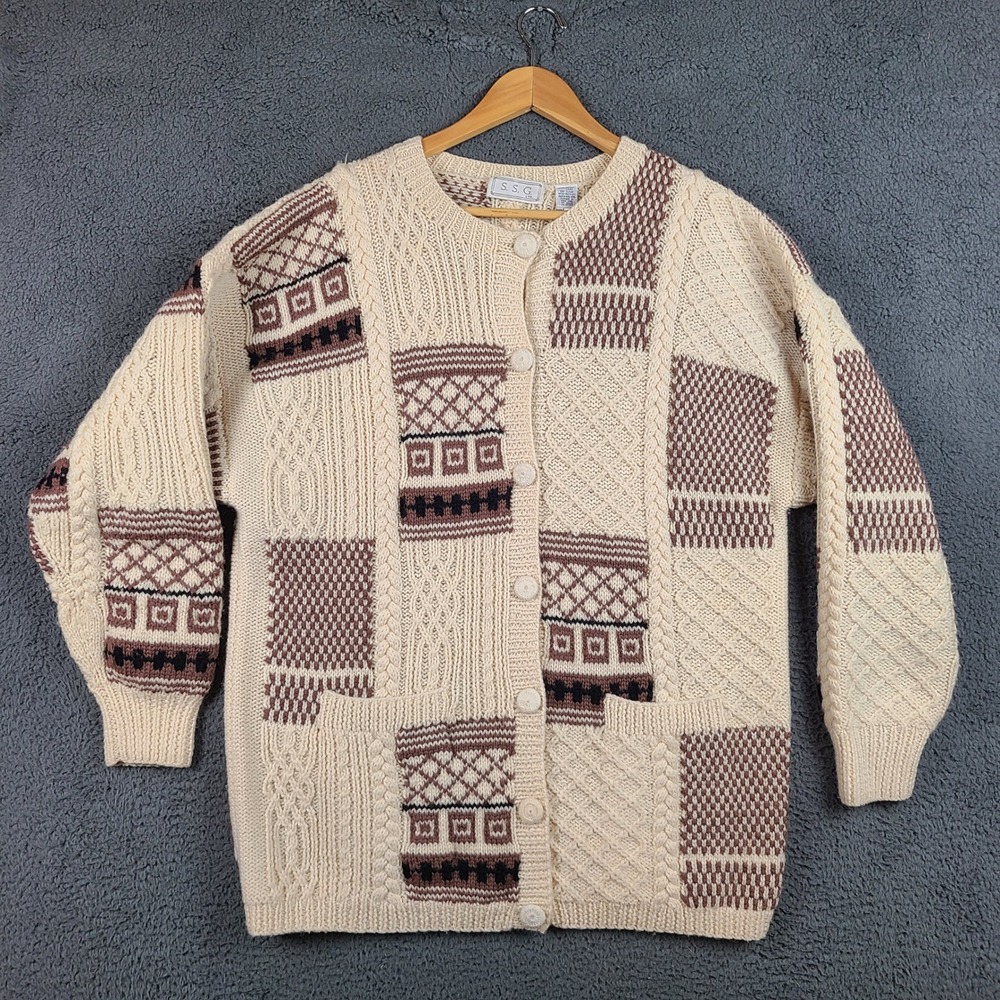 SSG Ltd Vintage 100% Wool Patchwork Cable Knit Cardigan Sweater Large